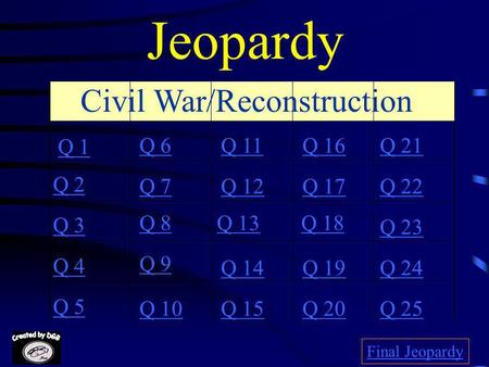 Jeopardy Q 1 Q 2 Q 3 Q 4 Q 5 Q 6Q 16Q 11Q 21 Q 7Q 12Q 17Q 22 Q 8Q 13Q 18 Q 23 Q 9 Q 14Q 19Q 24 Q 10Q 15Q 20Q 25 Final Jeopardy Civil War/Reconstruction.