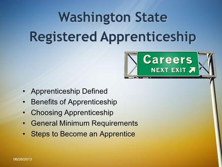 Apprenticeship Defined Benefits of Apprenticeship Choosing Apprenticeship General Minimum Requirements Steps to Become an Apprentice Washington State Registered.