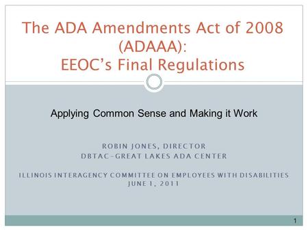 ROBIN JONES, DIRECTOR DBTAC-GREAT LAKES ADA CENTER ILLINOIS INTERAGENCY COMMITTEE ON EMPLOYEES WITH DISABILITIES JUNE 1, 2011 The ADA Amendments Act of.