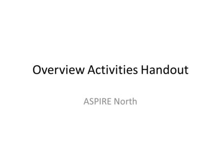 Overview Activities Handout ASPIRE North. By the end of the modules... Each building team will create a PowerPoint presentation (15-20 minutes) that includes:
