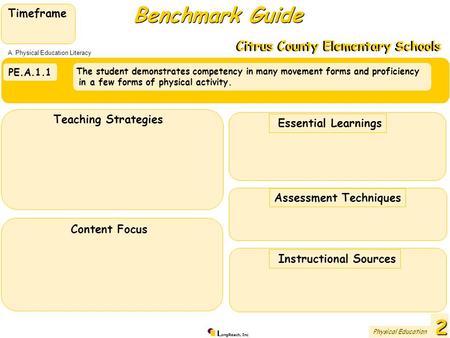 L ongReach, Inc PE.A.1.1 The student demonstrates competency in many movement forms and proficiency in a few forms of physical activity. Benchmark Guide.
