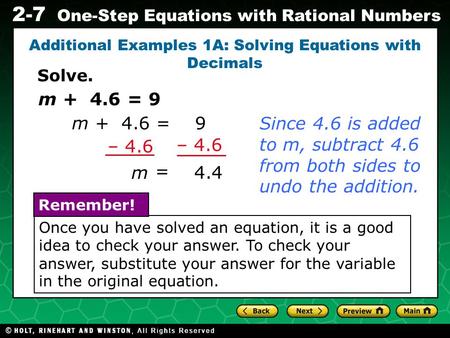 Additional Examples 1A: Solving Equations with Decimals