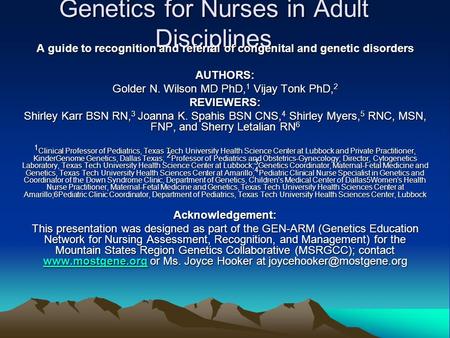 Genetics for Nurses in Adult Disciplines
