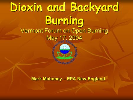 Mark Mahoney – EPA New England Dioxin and Backyard Burning Vermont Forum on Open Burning May 17, 2004.