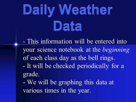 Daily Weather Data - This information will be entered into your science notebook at the beginning of each class day as the bell rings. - It will be checked.