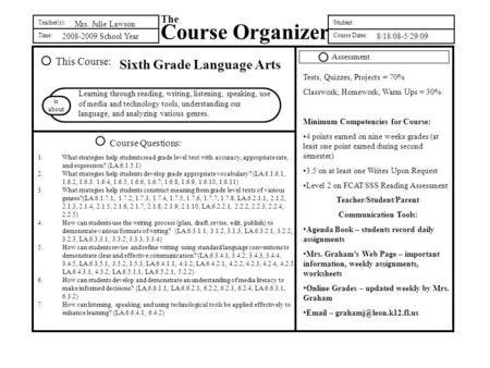 Teacher(s): Time: The Course Organizer Student: Course Dates: This Course: Course Questions: is about 2008-2009 School Year Sixth Grade Language Arts Learning.