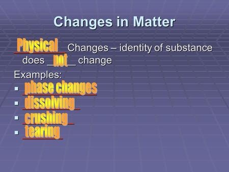 Changes in Matter Physical phase changes dissolving crushing tearing