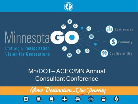 Mn/DOT– ACEC/MN Annual Consultant Conference. Overview Background Background Defining the 50 Year Vision Defining the 50 Year Vision Mn/DOTs Family of.
