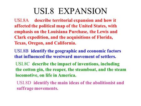 USI.8 EXPANSION USI.8A describe territorial expansion and how it affected the political map of the United States, with emphasis on the Louisiana Purchase,