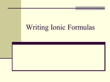 Writing Ionic Formulas. How to write a formula from the name. Write the element symbols given by the name. The cation always goes first. Figure out the.