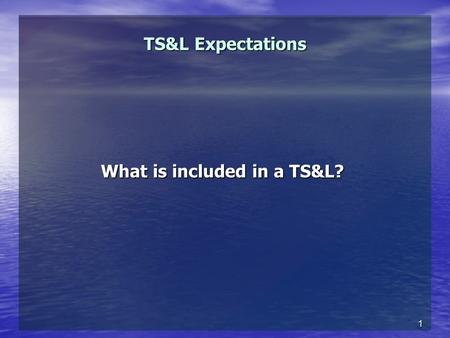 1 TS&L Expectations What is included in a TS&L?. 2 TS&L Expectations Per BDDM 1.1.2.11 – The end product of a TS&L design includes: TS&L Plan and Elevation.