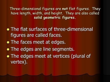 The flat surfaces of three-dimensional figures are called faces.