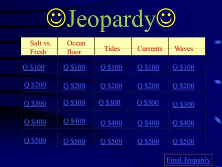 Jeopardy Salt vs. Fresh Ocean floor Tides Currents Waves Q $100