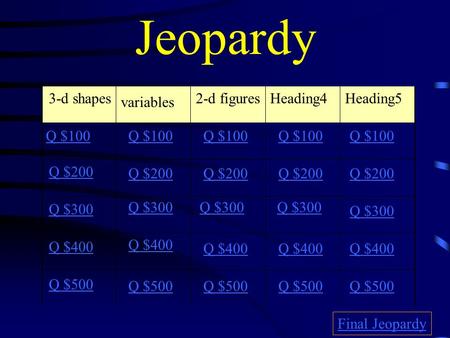 Jeopardy 3-d shapes2-d figuresHeading4 Heading5 Q $100 Q $200 Q $300 Q $400 Q $500 Q $100 Q $200 Q $300 Q $400 Q $500 Final Jeopardy variables.
