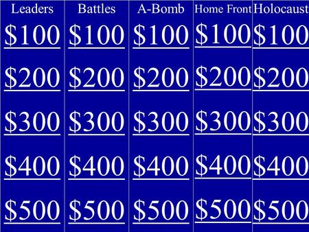 Leaders $100 $200 $300 $400 $500 Battles $100 $200 $300 $400 $500 A-Bomb $100 $200 $300 $400 $500 Home Front $100 $200 $300 $400 $500 Holocaust $100 $200.