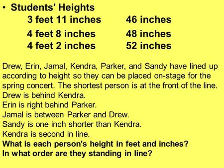 Students' Heights 3 feet 11 inches 46 inches