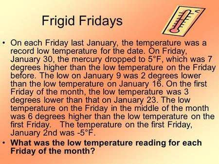 Frigid Fridays On each Friday last January, the temperature was a record low temperature for the date. On Friday, January 30, the mercury dropped to 5°F,