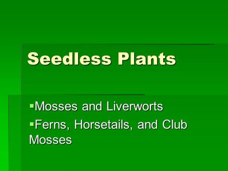 Mosses and Liverworts Ferns, Horsetails, and Club Mosses