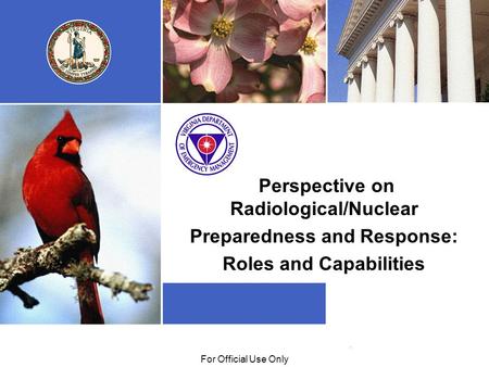 01/29/09For Official Use Only Perspective on Radiological/Nuclear Preparedness and Response: Roles and Capabilities.
