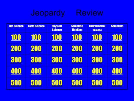 Life ScienceEarth SciencePhysical Science Scientific Thinking Environmental Science Scientists 100 200 300 400 500 Jeopardy Review.
