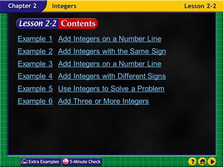 Lesson 2 Contents Example 1Add Integers on a Number Line Example 2Add Integers with the Same Sign Example 3Add Integers on a Number Line Example 4Add Integers.