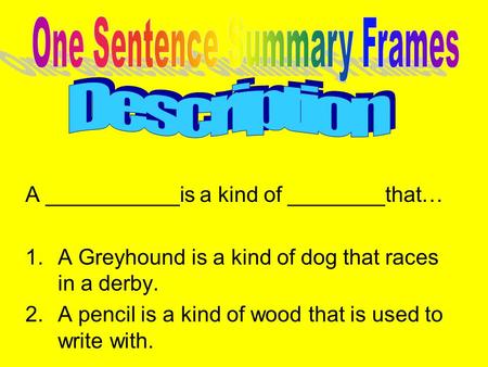 A ___________is a kind of ________that… 1.A Greyhound is a kind of dog that races in a derby. 2.A pencil is a kind of wood that is used to write with.