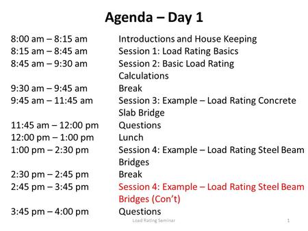 Load Rating Seminar1 Agenda – Day 1 8:00 am – 8:15 amIntroductions and House Keeping 8:15 am – 8:45 amSession 1: Load Rating Basics 8:45 am – 9:30 amSession.
