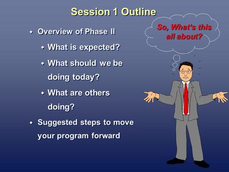 Session 1 Outline Overview of Phase II What is expected? What should we be doing today? What are others doing? Suggested steps to move your program forward.