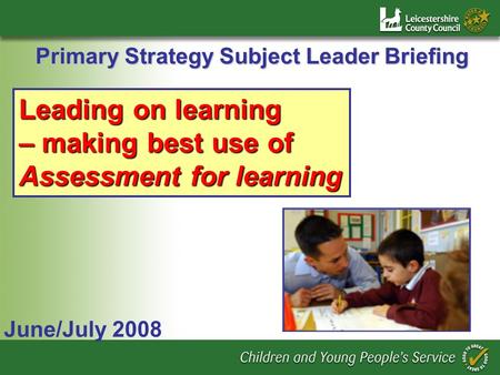 Primary Strategy Subject Leader Briefing June/July 2008 Leading on learning – making best use of Assessment for learning.