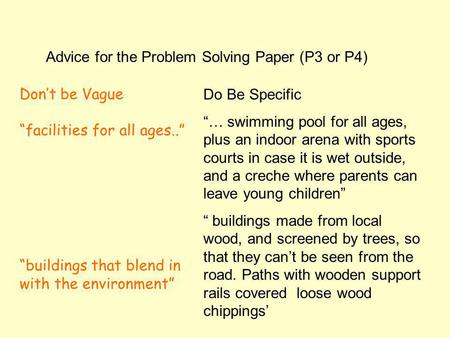 Advice for the Problem Solving Paper (P3 or P4) Dont be Vague facilities for all ages.. buildings that blend in with the environment Do Be Specific … swimming.