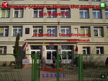 Primary School in Tłuszcz the name of Jan Paweł II. Originators: Dawid Krzyżewski Jakub Nowak Slide number: 11, 2, 3, 4, 5, 6. 23456 123456.