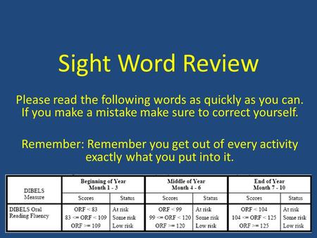 Sight Word Review Please read the following words as quickly as you can. If you make a mistake make sure to correct yourself. Remember: Remember you get.