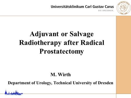 M. Wirth Department of Urology, Technical University of Dresden Adjuvant or Salvage Radiotherapy after Radical Prostatectomy.