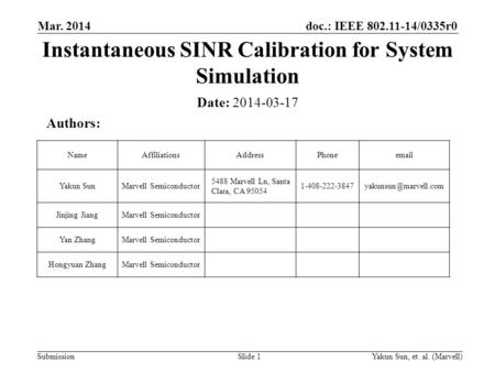 Doc.: IEEE 802.11-14/0335r0 SubmissionYakun Sun, et. al. (Marvell)Slide 1 Instantaneous SINR Calibration for System Simulation Date: 2014-03-17 Authors: