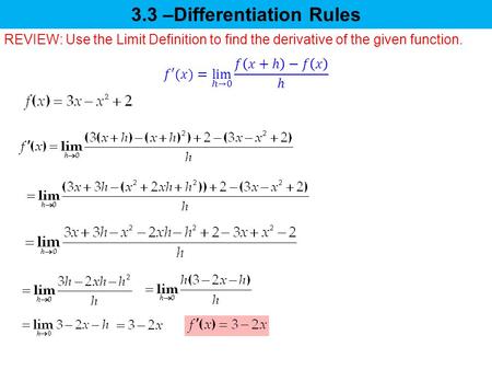 3.3 –Differentiation Rules REVIEW: Use the Limit Definition to find the derivative of the given function.