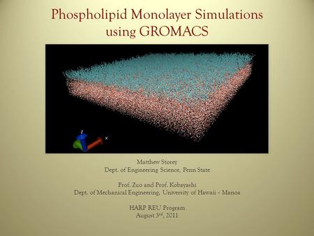 Phospholipid Monolayer Simulations using GROMACS Matthew Storey Dept. of Engineering Science, Penn State Prof. Zuo and Prof. Kobayashi Dept. of Mechanical.