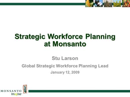 1 Strategic Workforce Planning at Monsanto Stu Larson Global Strategic Workforce Planning Lead January 12, 2009.