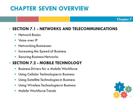 Chapter 7 7-1 CHAPTER SEVEN OVERVIEW SECTION 7.1 - NETWORKS AND TELECOMMUNICATIONS  Network Basics  Voice over IP  Networking Businesses  Increasing.