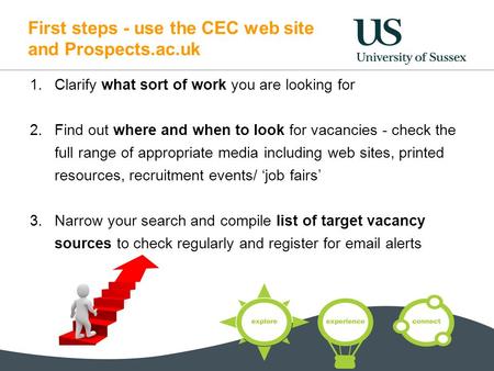 First steps - use the CEC web site and Prospects.ac.uk 1.Clarify what sort of work you are looking for 2.Find out where and when to look for vacancies.