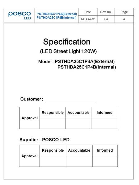 PSTHDA25C1P4A(External) PSTHDA25C1P4B(Internal) DateRev. no.Page 2013.01.071.00 Model : PSTHDA25C1P4A(External) PSTHDA25C1P4B(Internal) (LED Street Light.