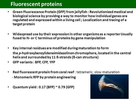 Fluorescent proteins Green Fluorescence Protein (GFP) from jellyfish : Revolutionized medical and biological science by providng a way to monitor how individual.