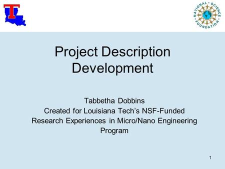 1 Project Description Development Tabbetha Dobbins Created for Louisiana Tech’s NSF-Funded Research Experiences in Micro/Nano Engineering Program.
