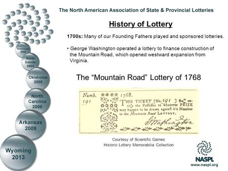 The “Mountain Road” Lottery of 1768 1700s: Many of our Founding Fathers played and sponsored lotteries. George Washington operated a lottery to finance.