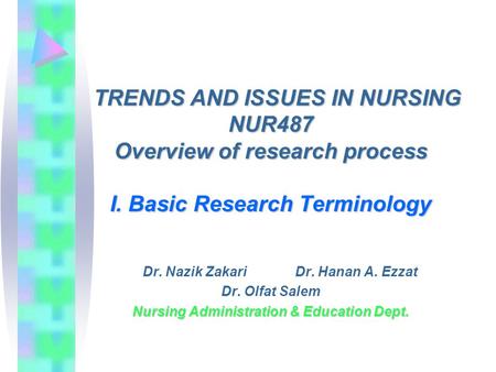 TRENDS AND ISSUES IN NURSING TRENDS AND ISSUES IN NURSINGNUR487 Overview of research process I. Basic Research Terminology Dr. Nazik Zakari Dr. Hanan A.