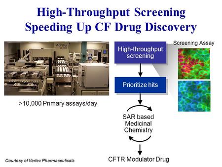 High-Throughput Screening Speeding Up CF Drug Discovery >10,000 Primary assays/day High-throughput screening CFTR Modulator Drug SAR based Medicinal Chemistry.