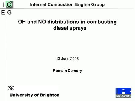 Internal Combustion Engine Group OH and NO distributions in combusting diesel sprays 13 June 2006 Romain Demory.