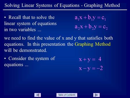 Table of Contents Solving Linear Systems of Equations - Graphing Method Recall that to solve the linear system of equations in two variables... we need.