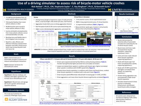 Hypothesis 1: Narrow roadways and roadways with higher speed limits will increase risk of vehicle/bicycle crash Hypothesis 2: Bicycle lanes and signage.