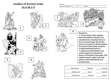 Leaders of Ancient Israel SS.6.W.2.9 Directions: 1. As you listen to the readings about the leaders of Israel try to visualize them. Visualize means to.
