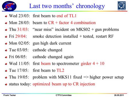 26.05.2011 Frank Tecker CTF3 Committee Last two months’ chronology Wed 23/03:first beam to end of TL1 Mon 28/03:beam to CR + factor 4 combination Thu 31/03:“near.